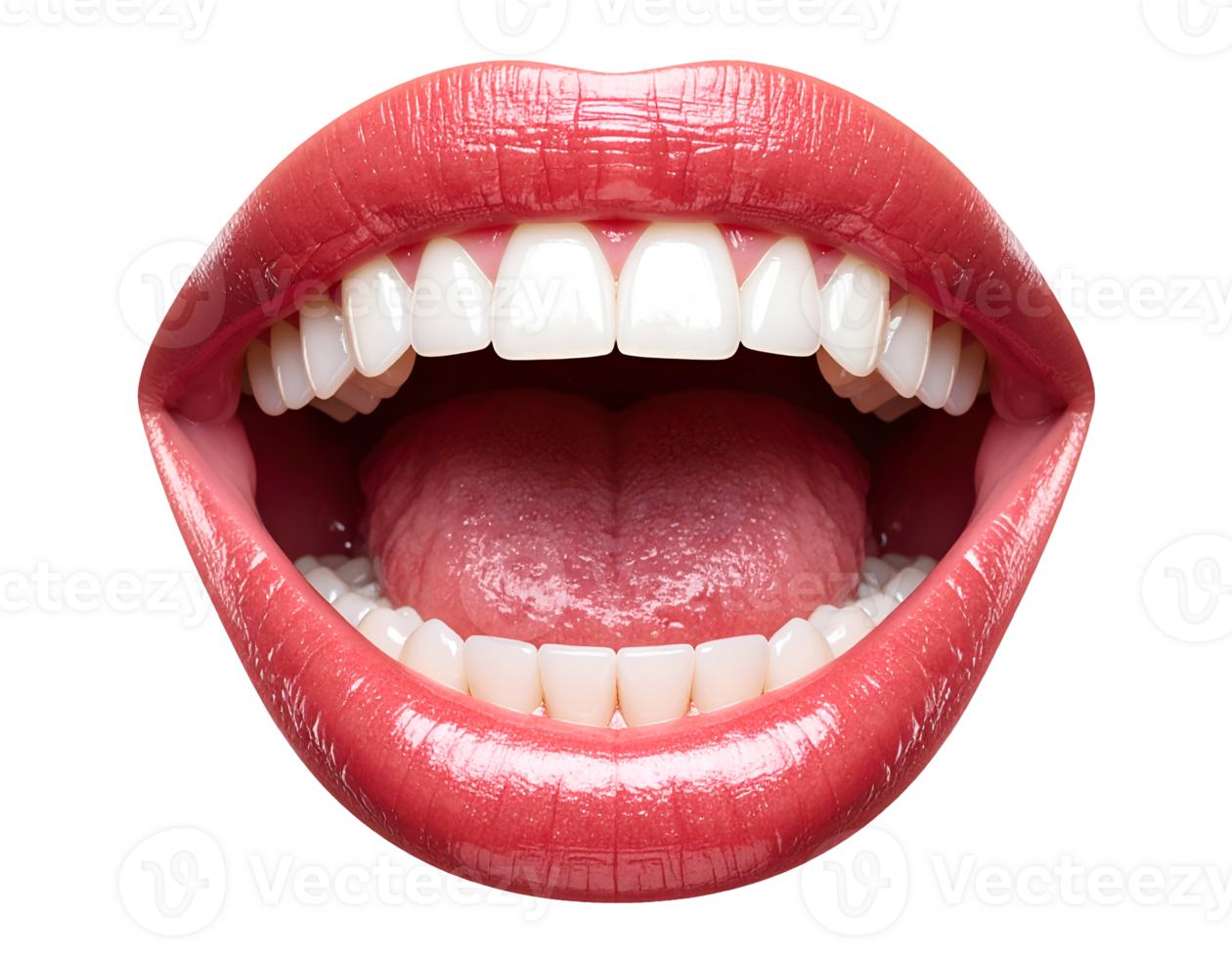 realistic wide open laughing mouth with glossy red lips, white teeth and visible tongue, healthy oral expression, on isolated background png