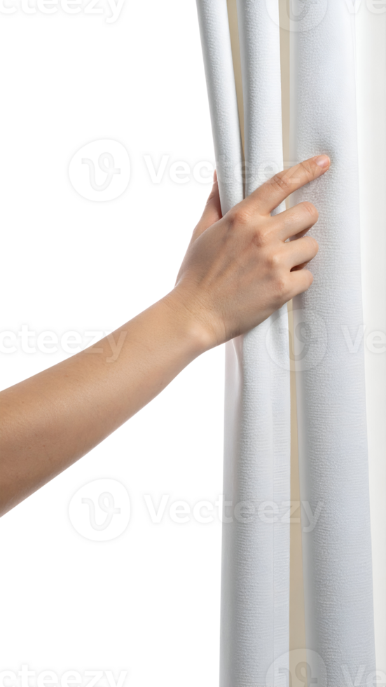 realistic woman hand gently opening white curtain with soft texture, home morning scene or privacy concept, on isolated background png