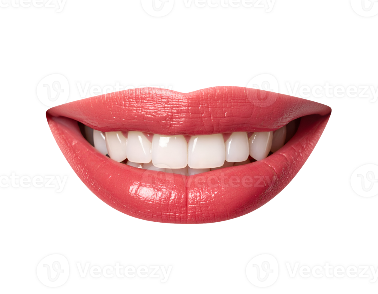 realistic close up of smirking pink lips with white teeth and glossy lipstick, confident and charming facial expression, on isolated background png