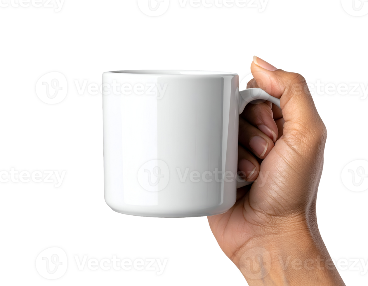 realistic hand holding plain white ceramic coffee mug, blank surface for design mockup or branding, on isolated background png