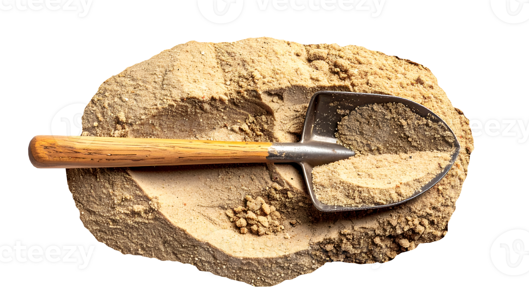realistic small garden shovel with wooden handle placed on pile of sand, digging and exploration concept, on isolated background png