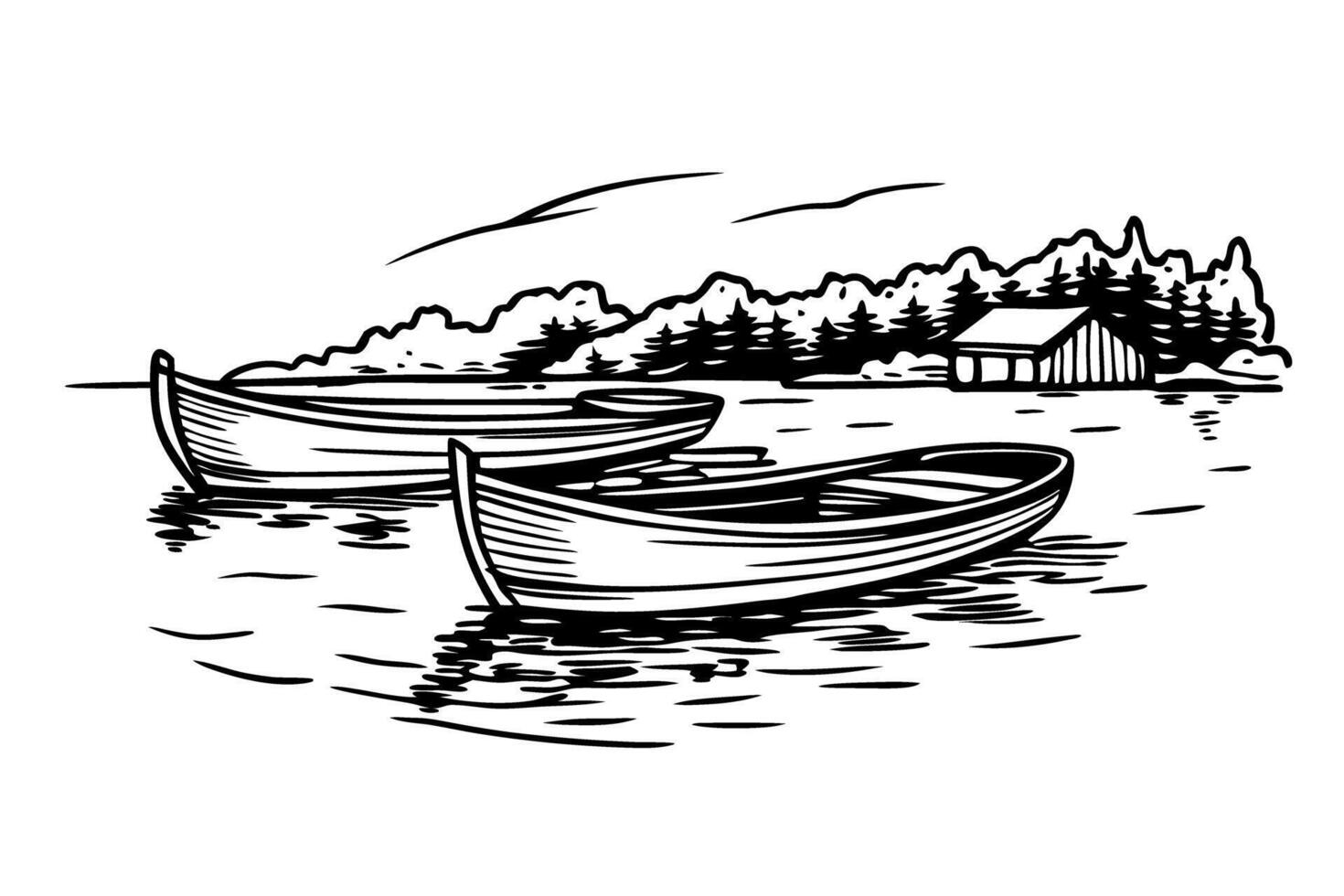 Rowboats floating on calm water near forested shoreline and wooden cabin, peaceful lakeside scene illustration vector