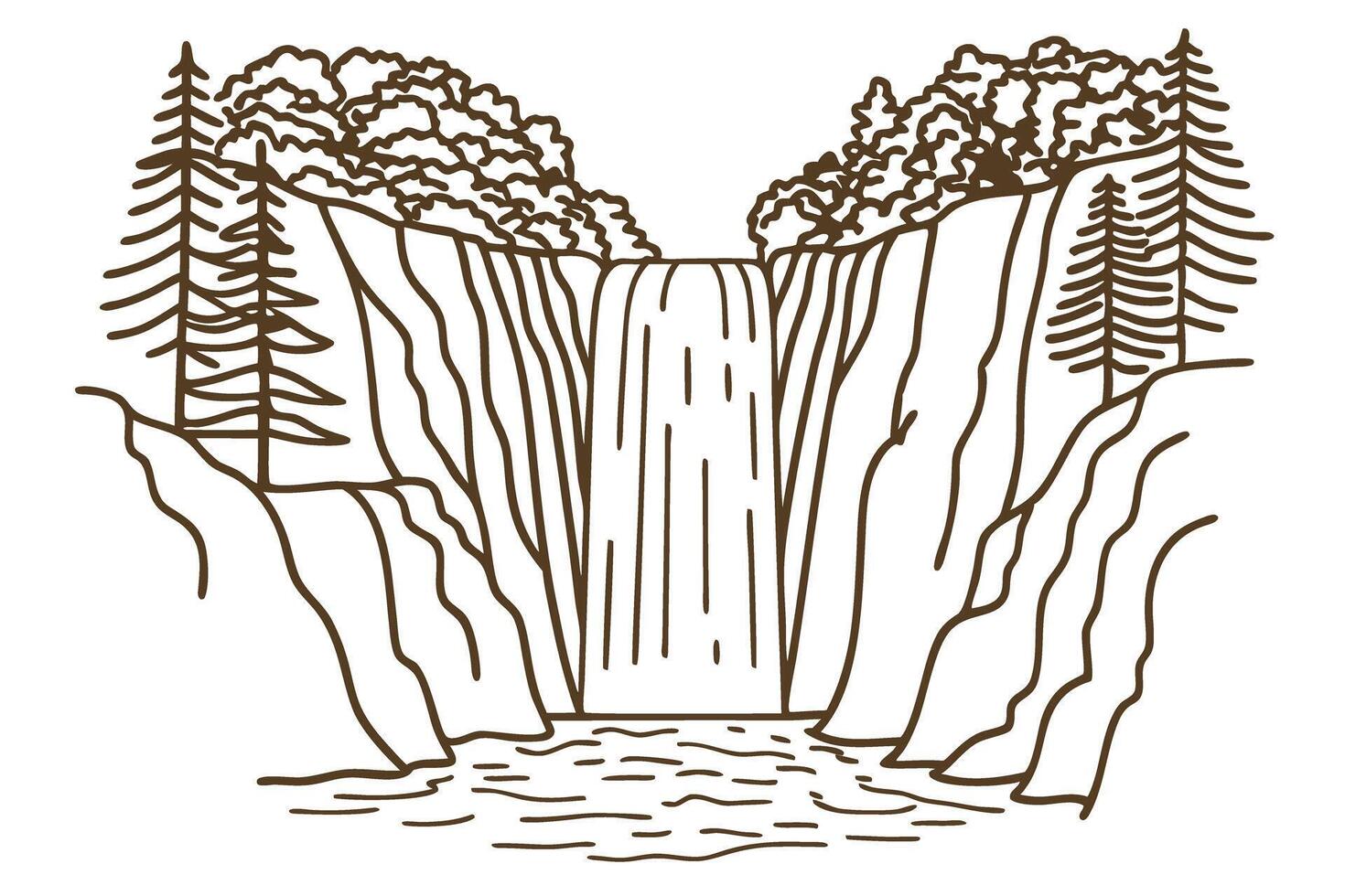Scenic waterfall flowing between cliffs with pine trees and forest, tranquil nature landscape line art illustration vector