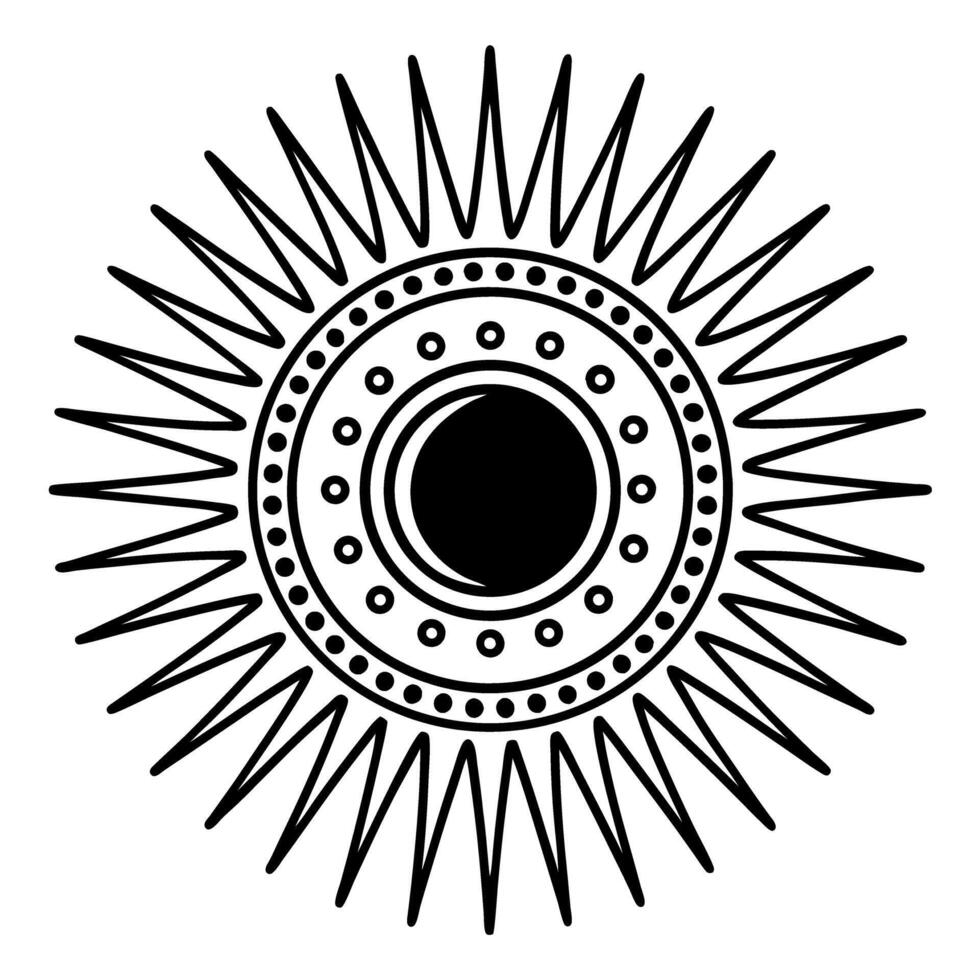 Abstract sunburst geometric pattern with concentric circles and radiating sharp lines, black and white design vector