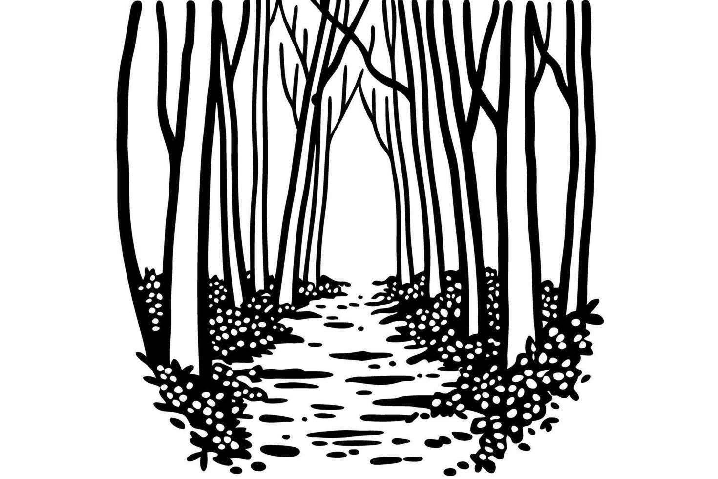 Leafy woodland path with tall bare trees and ground foliage, peaceful forest nature illustration vector