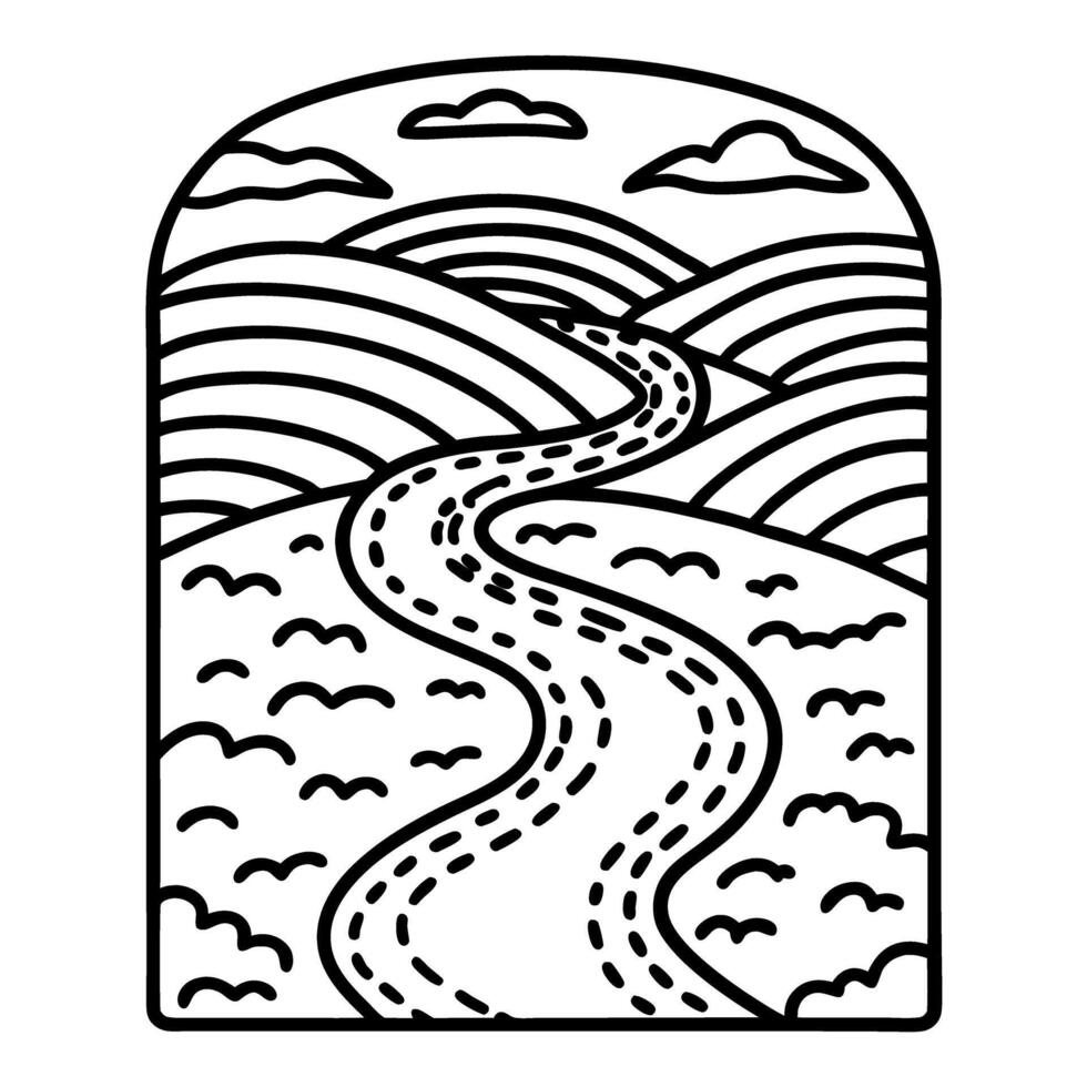 Winding rural road meandering through rolling hills and fields under a cloudy sky, simple black and white line art vector
