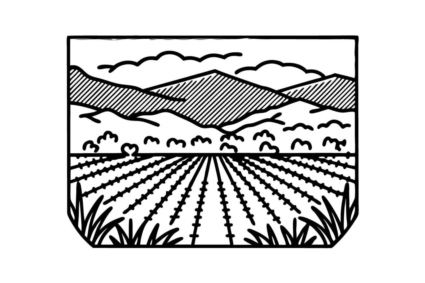 Mountain landscape with farmland field lines, clouds, and grass in black and white line art illustration vector