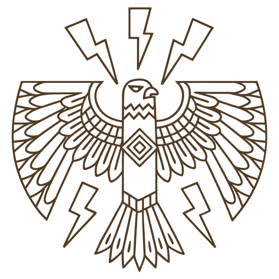 Thunderbird line art with outstretched wings and lightning bolts tribal, mythical bird symbol illustration vector