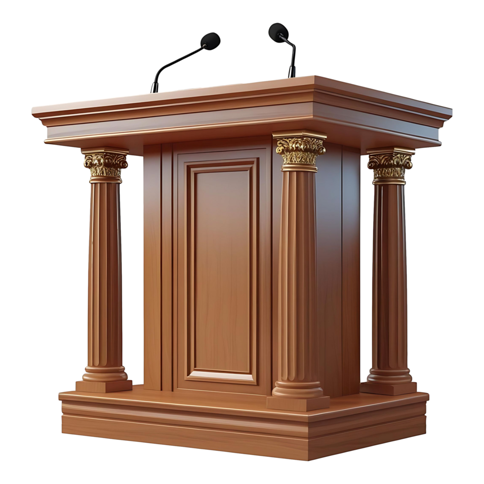 Elegant Wooden Podium with Microphones Perfect for Speech or Presentation Themes png