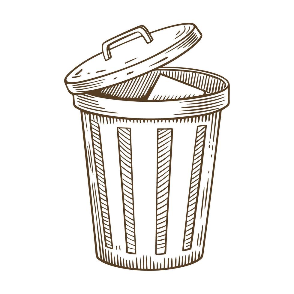 Metal trash bin with open lid and visible rubbish inside hand drawn sketch, recycling waste container symbol vector