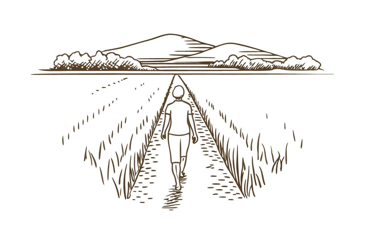 Person walking through rural field pathway solitude and nature connection, peaceful landscape with distant hills vector