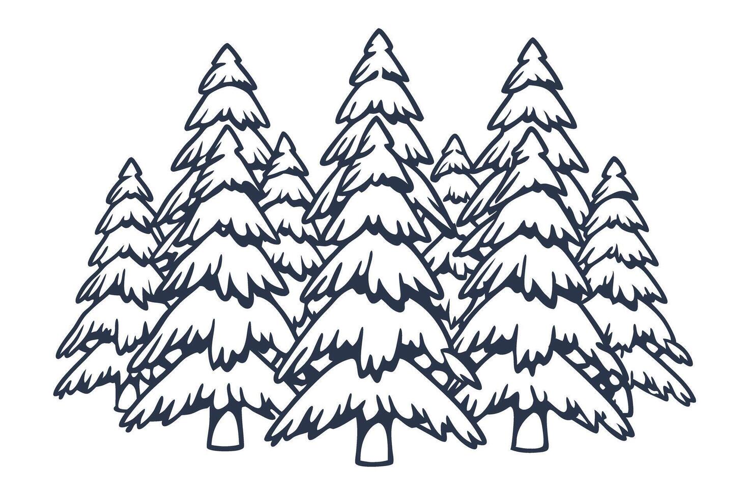 Snow covered fir tree forest, winter nature landscape illustration group of evergreen pine trees in cold season vector
