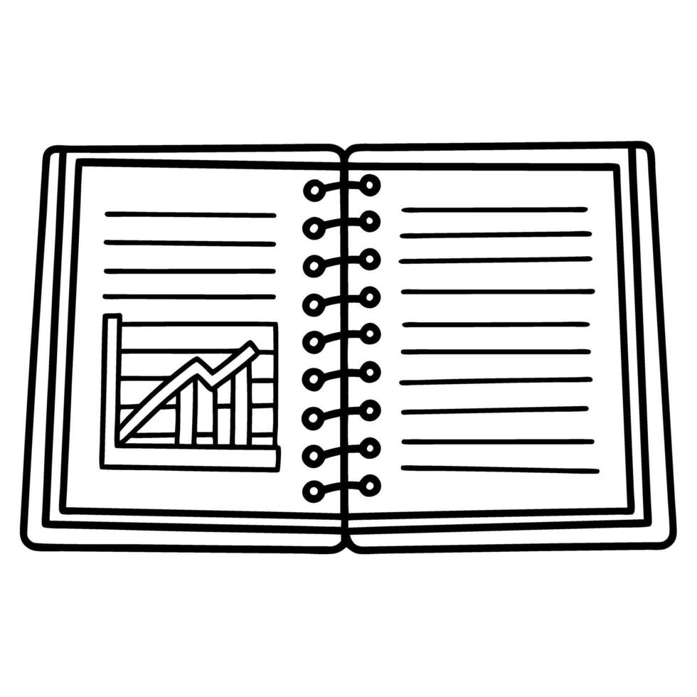 Open notebook with graph chart bars and rising line, lined pages, spiral binding education concept vector
