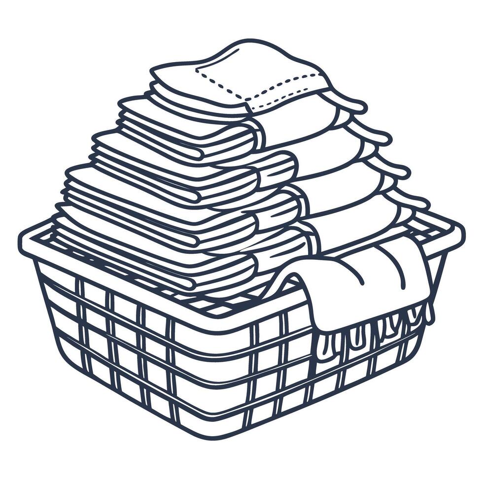 Folded clean laundry in basket stack of towels, washed clothes, household chores, neat organization concept vector