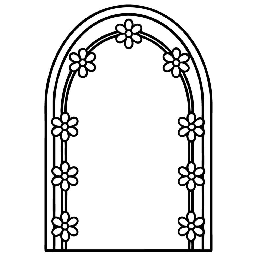 Floral arched frame with decorative flower border, black outline simple blank template, spring floral design element vector
