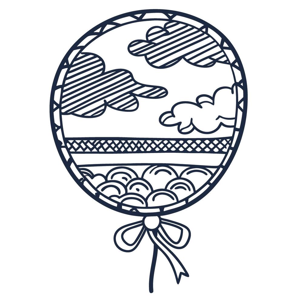Hand drawn decorative balloon with landscape, clouds, and ribbon sky scenery, playful whimsical outline art vector