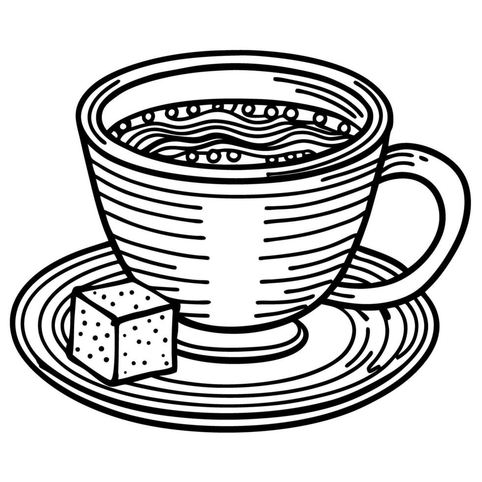 Hot tea cup with saucer and sugar cube hand drawn black and white illustration, beverage break concept vector