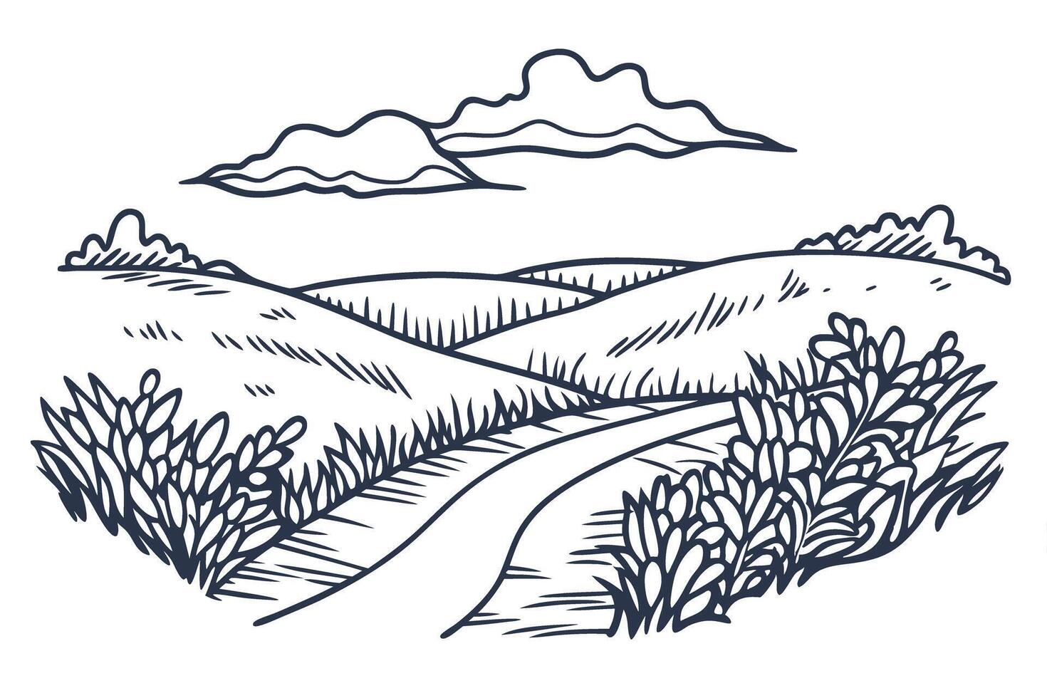 Rolling hills with winding path and clouds simple hand drawn countryside landscape illustration vector