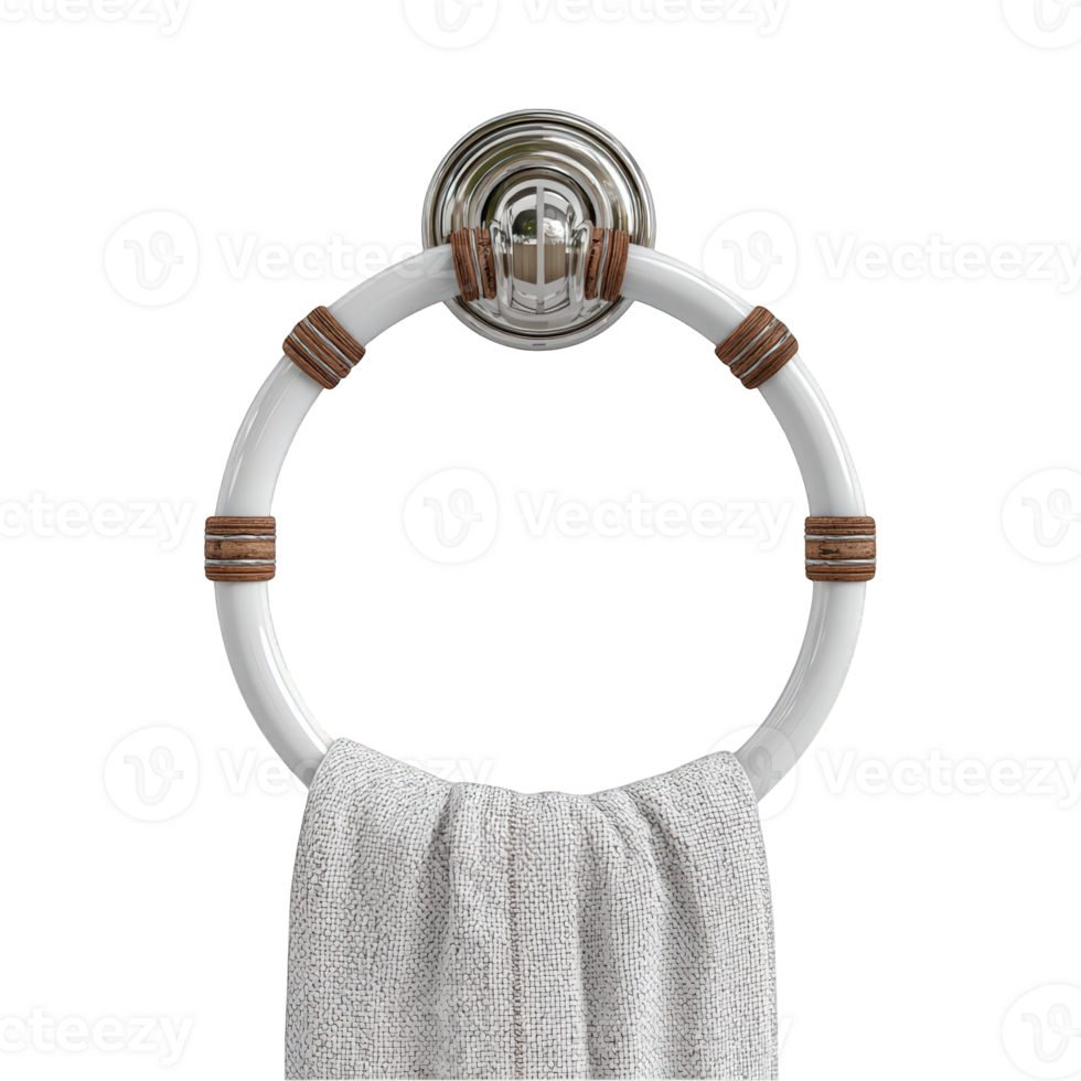 Close up of a white towel ring with a gray towel hanging from the bottom part png