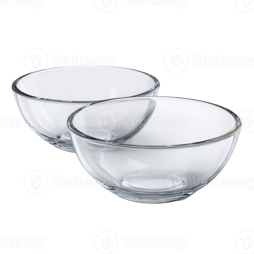 A close up of two clear glass bowls sitting next to each other on a surface png