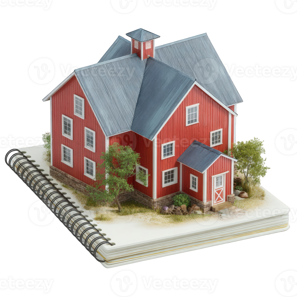 Miniature red barn model with grey roof on a spiral bound notebook diorama png