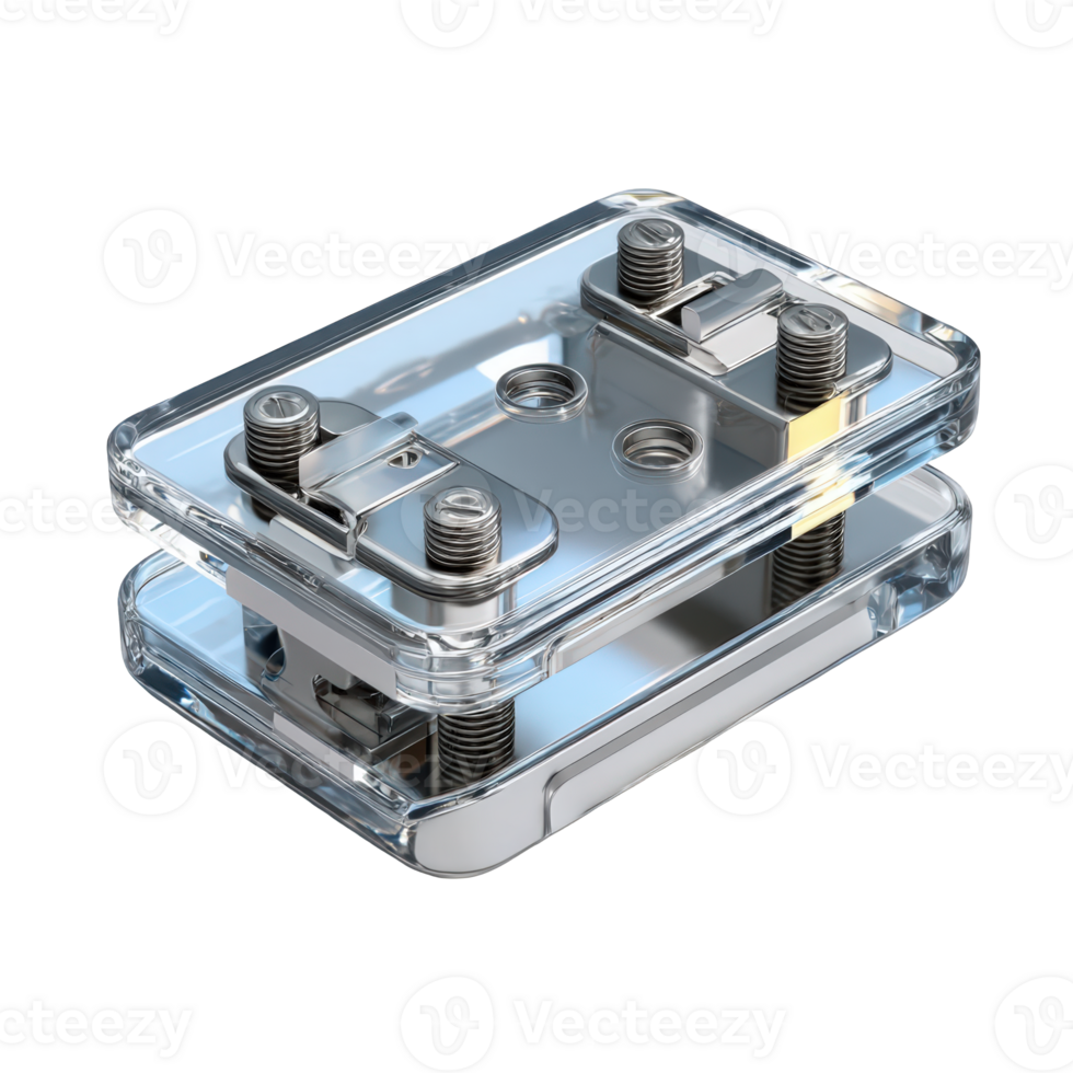 Close up shot of a transparent rectangular object with metal screws on top png