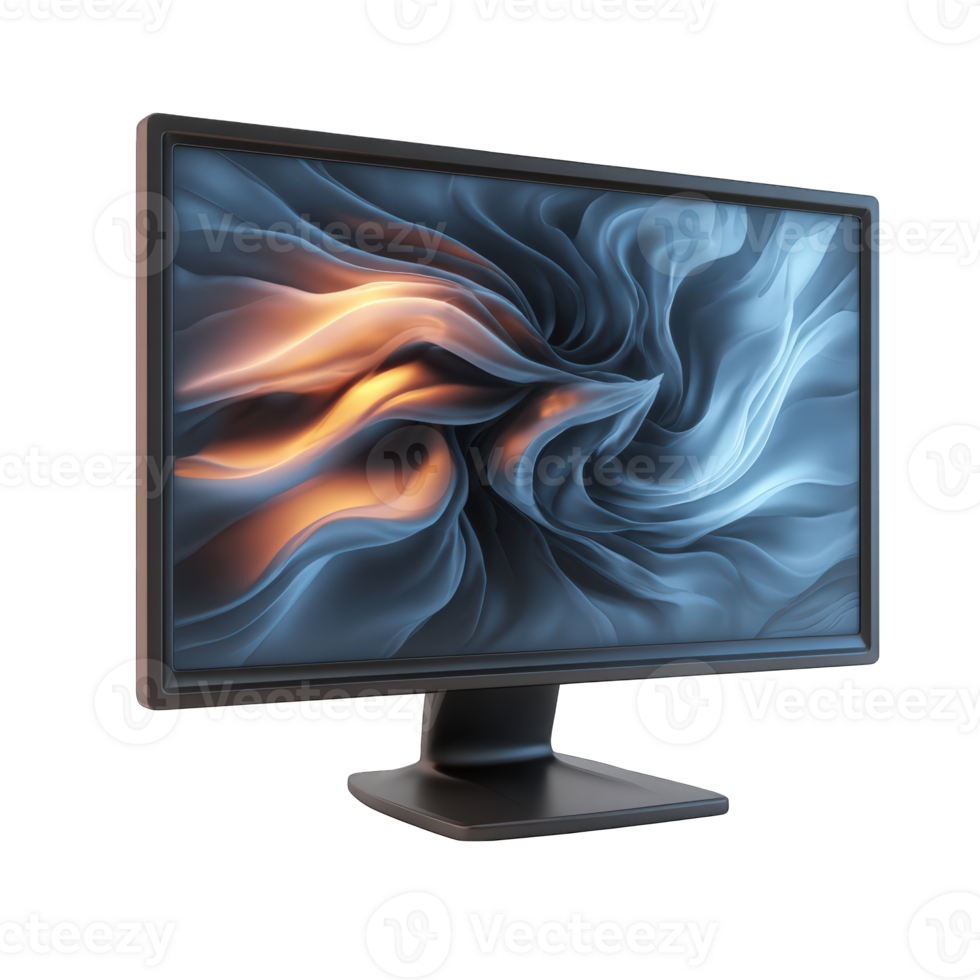 Computer monitor displaying abstract art with orange and blue swirling forms png