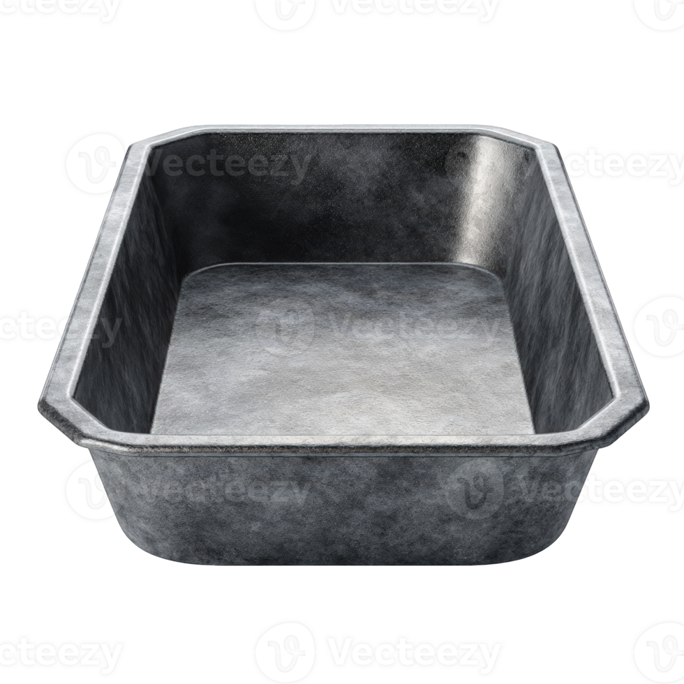 A close up studio shot of an empty gray metal rectangular shaped container png