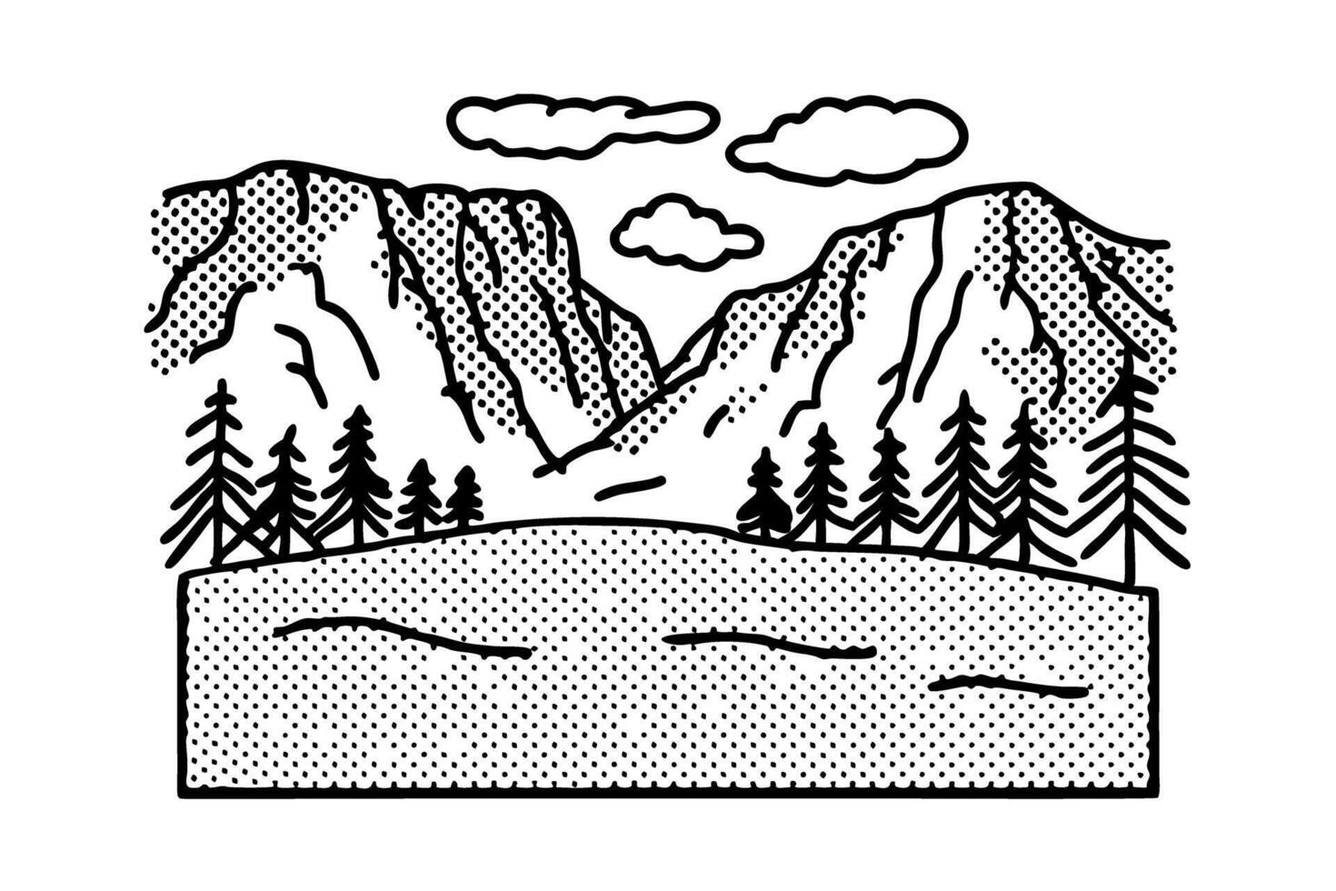 Mountain landscape with trees in foreground and clouds hand drawn black and white nature illustration vector