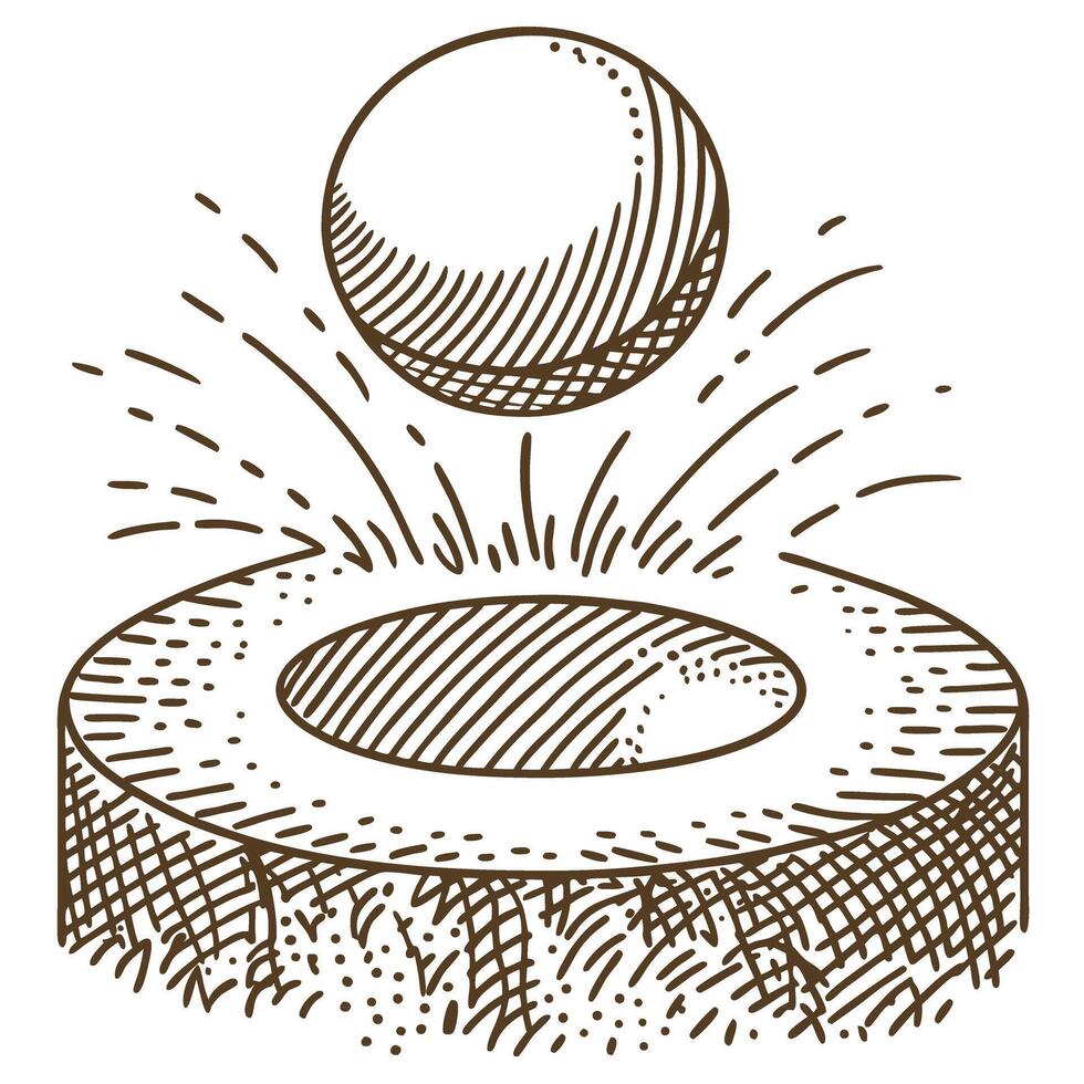 Bouncing ball above circular hole, dynamic motion, energy, movement, impact illustration, sketch vector