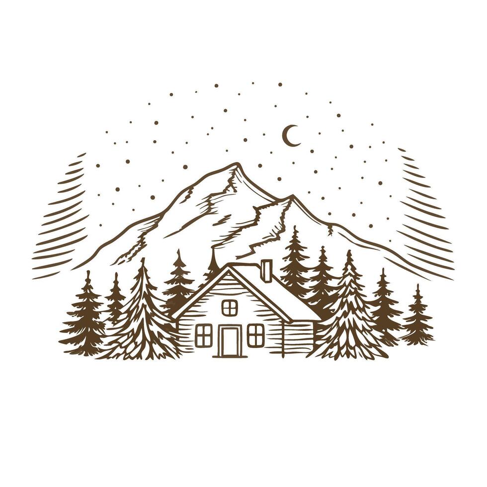Cozy cabin in forest with snowy mountain background rustic winter landscape, pine trees, starry night illustration vector