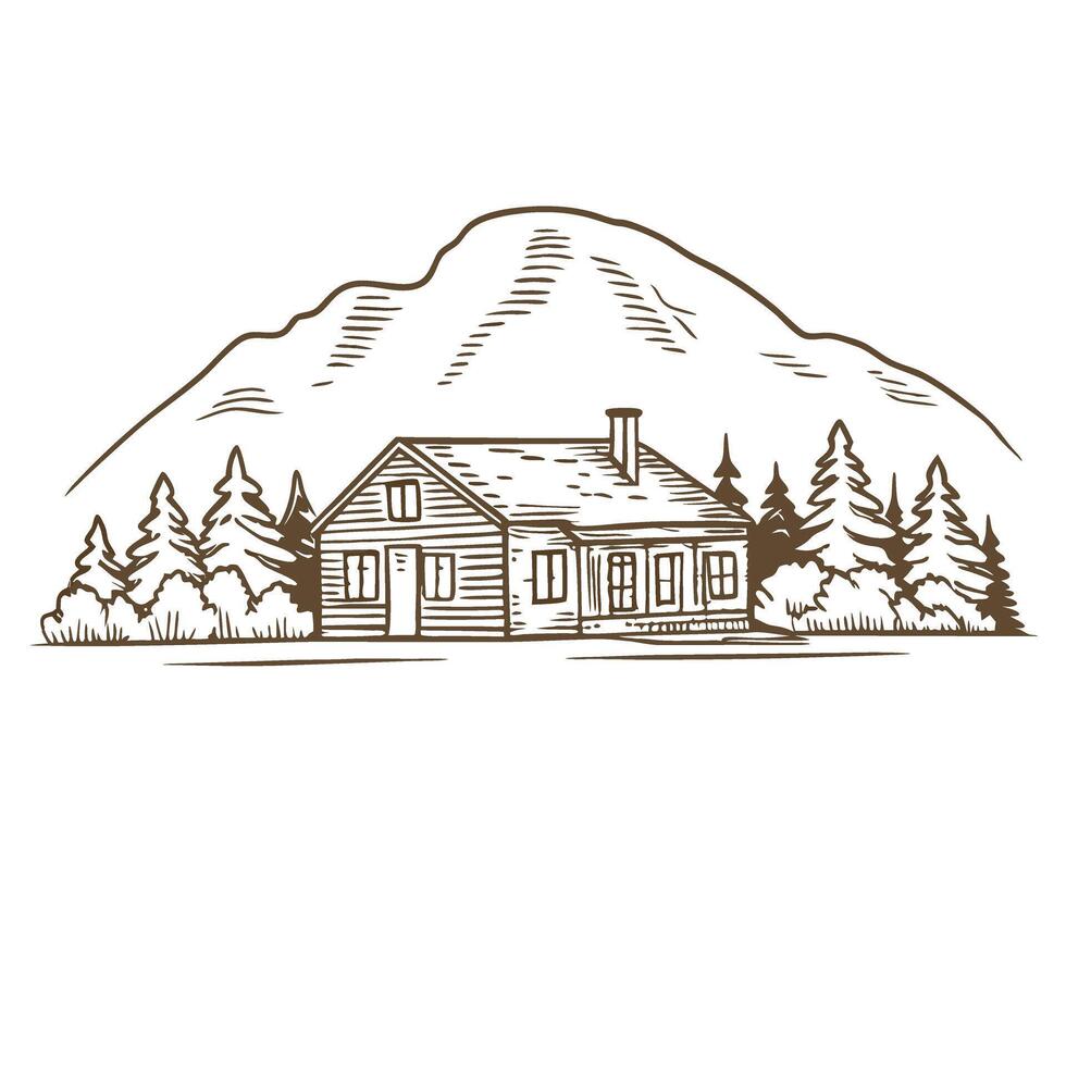 Rustic cabin and pine trees with mountain backdrop hand drawn vintage countryside landscape illustration vector