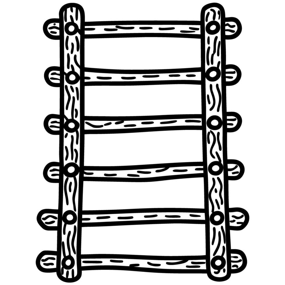 Hand drawn wooden ladder illustration rustic vintage step ladder sketch, simple rural climbing tool, black and white outline vector