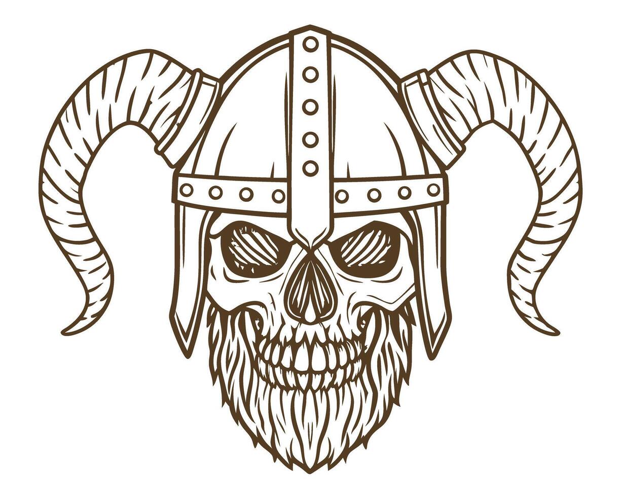 Viking skull with horned helmet illustration barbarian warrior beard, fierce face line art design vector