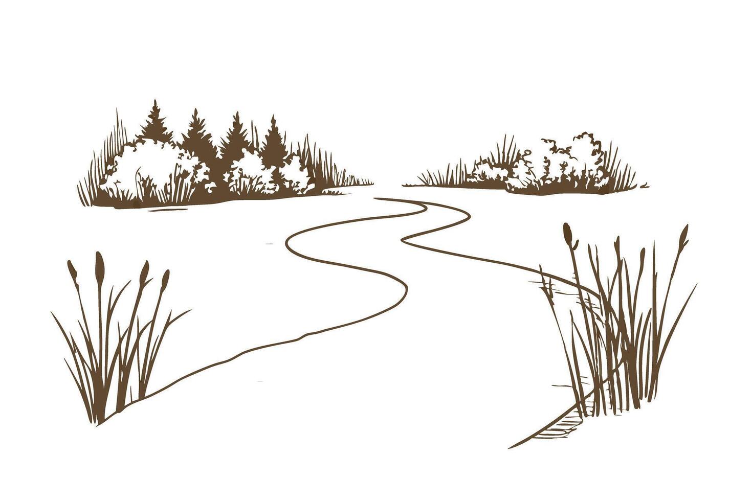 Winding river landscape illustration with reeds and trees hand drawn nature sketch, tranquil outdoor scenery vector