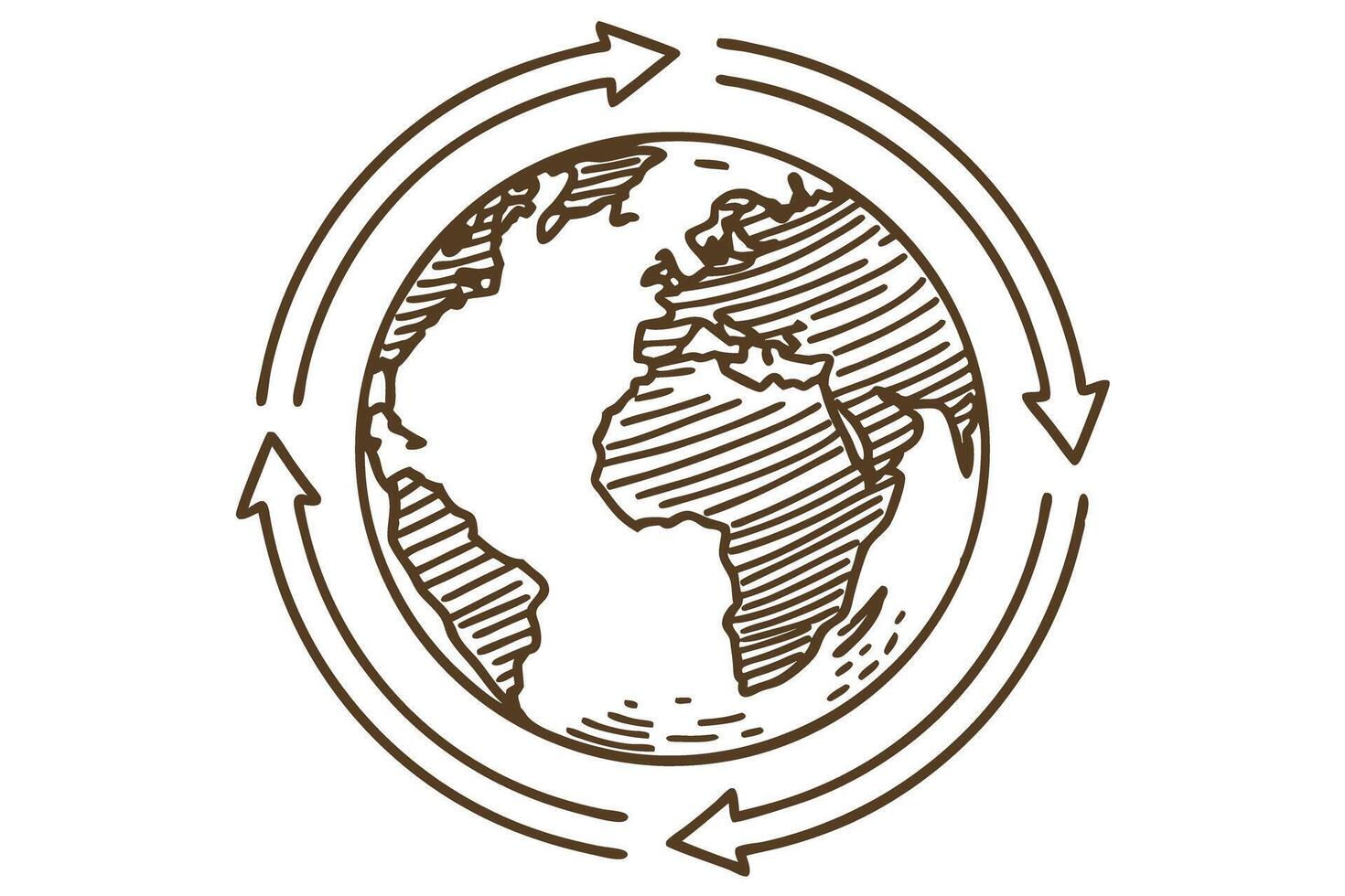 Earth globe with circular arrows hand drawn sketched world map, global movement, environmental sustainability concept vector