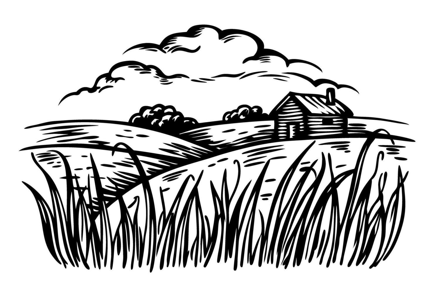 Rustic countryside cabin illustration with grassy field, rolling hills, and cloudy sky in black and white line art vector