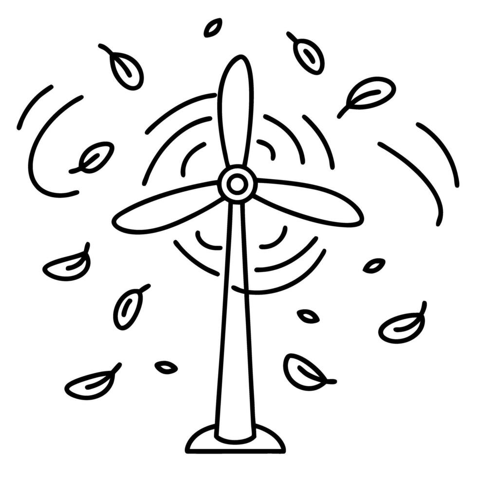 Wind turbine generating energy with swirling leaves eco friendly renewable power, clean air movement concept vector