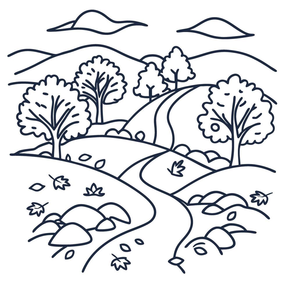 Autumn landscape line art with trees, winding path, hills, and falling leaves nature scenery outline drawing vector