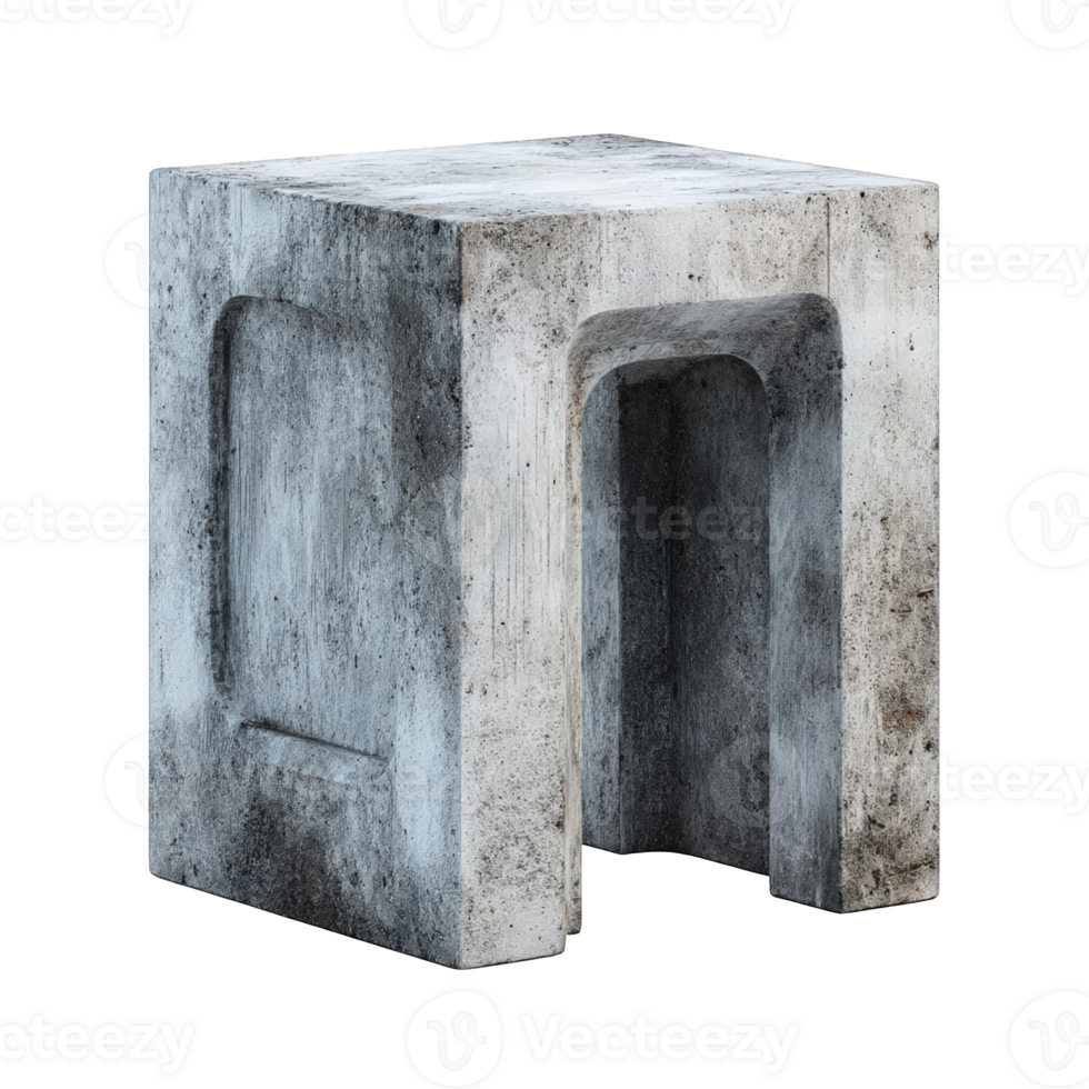 A concrete cube with a carved arch and a rectangular indentation on the side png