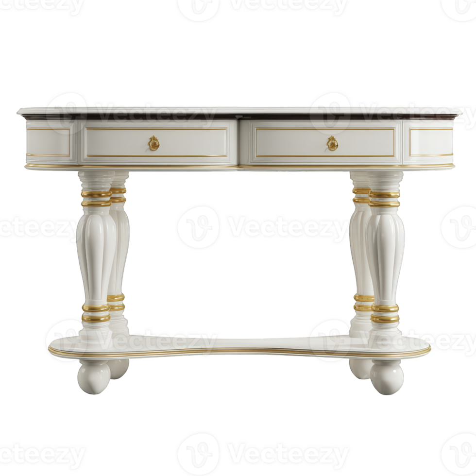 Close up of a white and gold console table with two drawers and ornate legs png