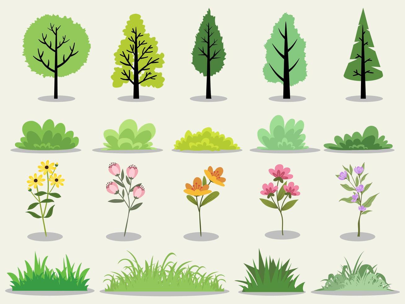 Collection of flat trees, grass, flowers Icon silhouette isolated style. vector