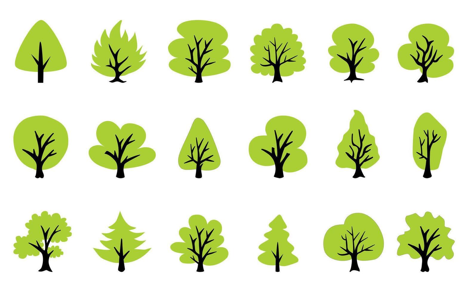 Collection of flat green trees Icon simple style. vector