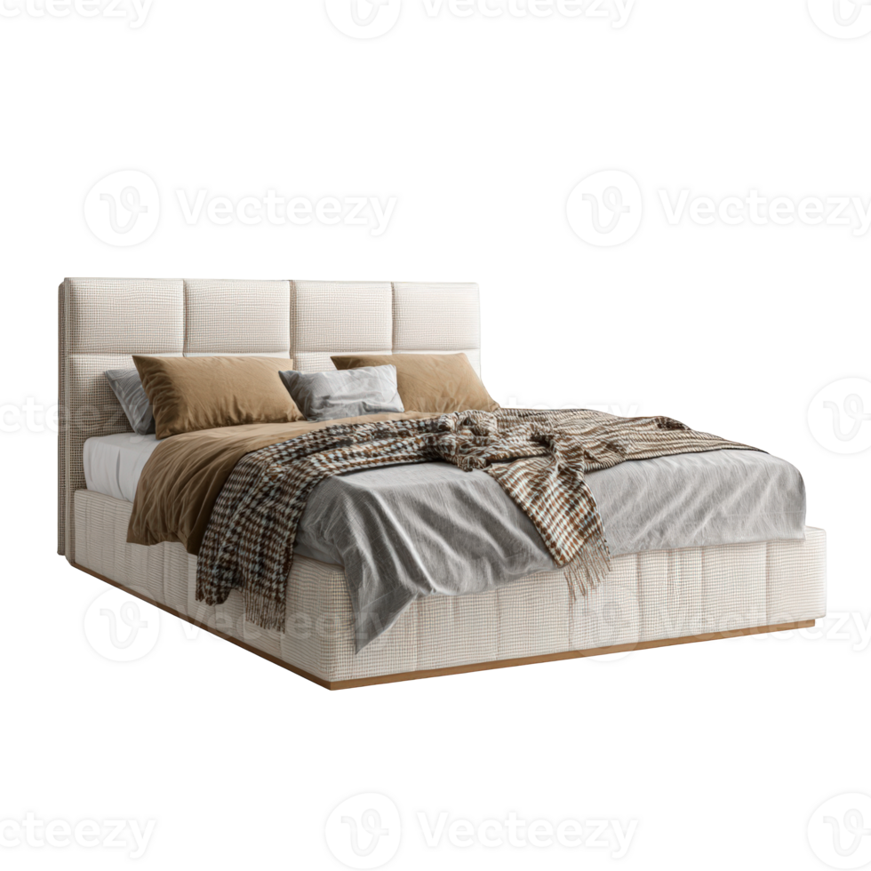 A modern bed with a textured headboard and soft bedding in a minimalist style png