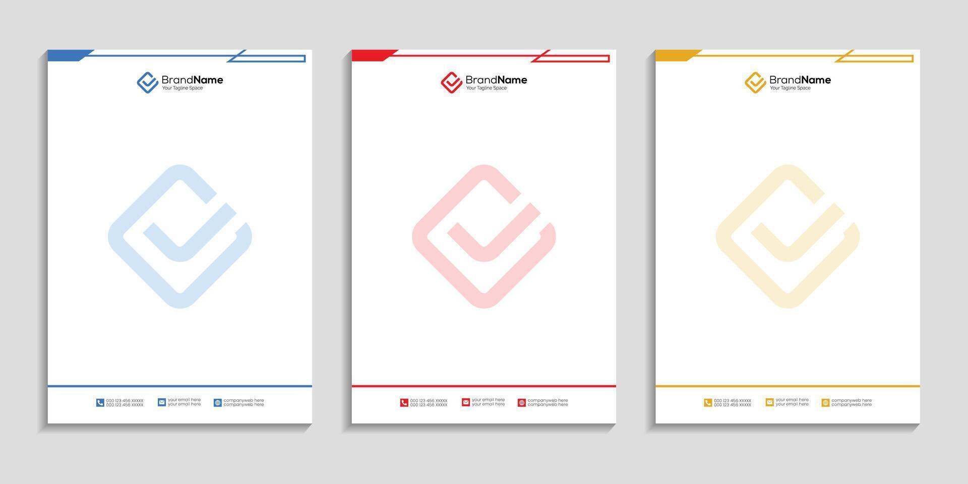 Business letterhead template design set to three color variation vector