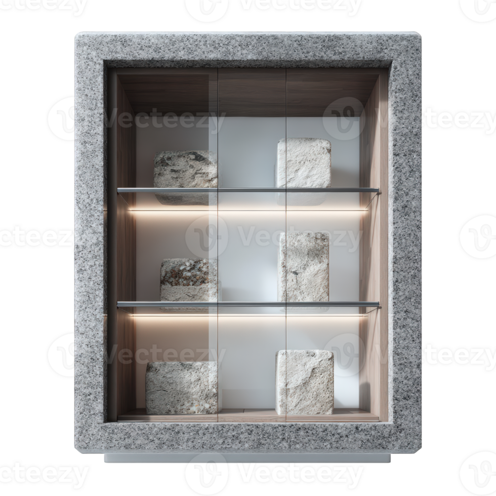 Display cabinet with textured frame and stone cubes on illuminated shelves png