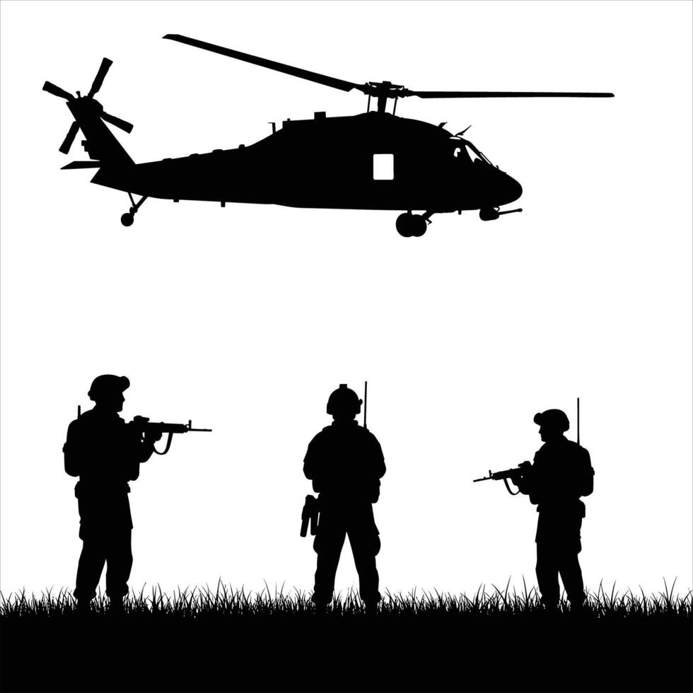Silhouette of military army soldiers with weapons during training or at war vector