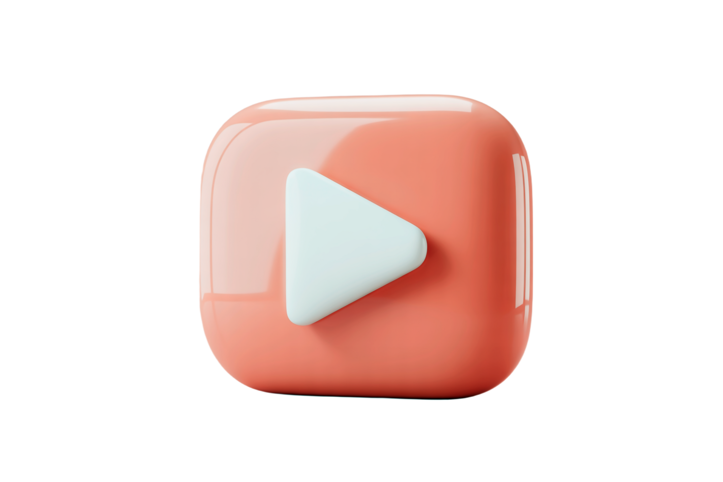 3D Rendered Shiny Coral Square with White Play Icon on Transparent Background png