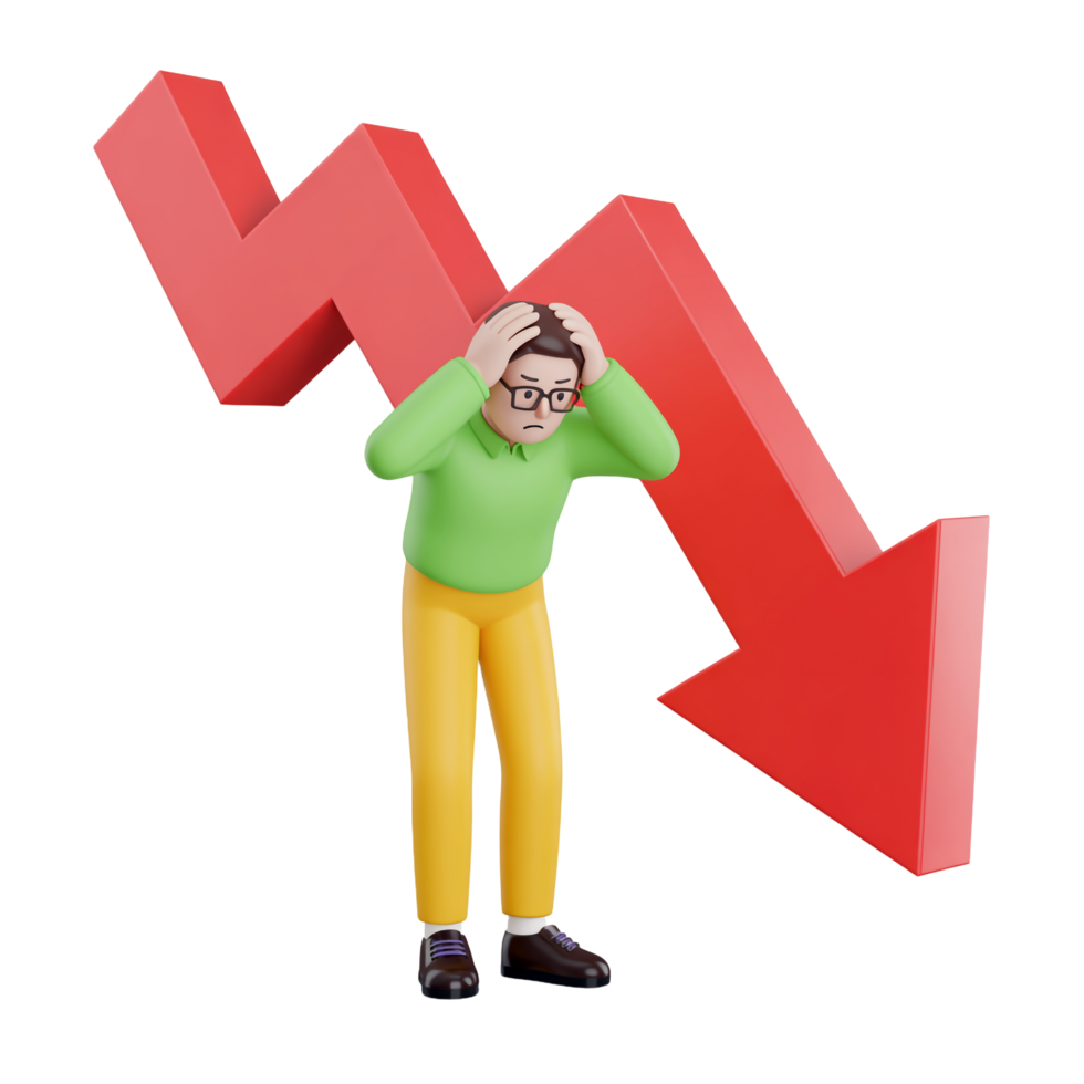 Cartoon Man Frustrated Grips Head Near Declining Red Arrow on Transparent Background png