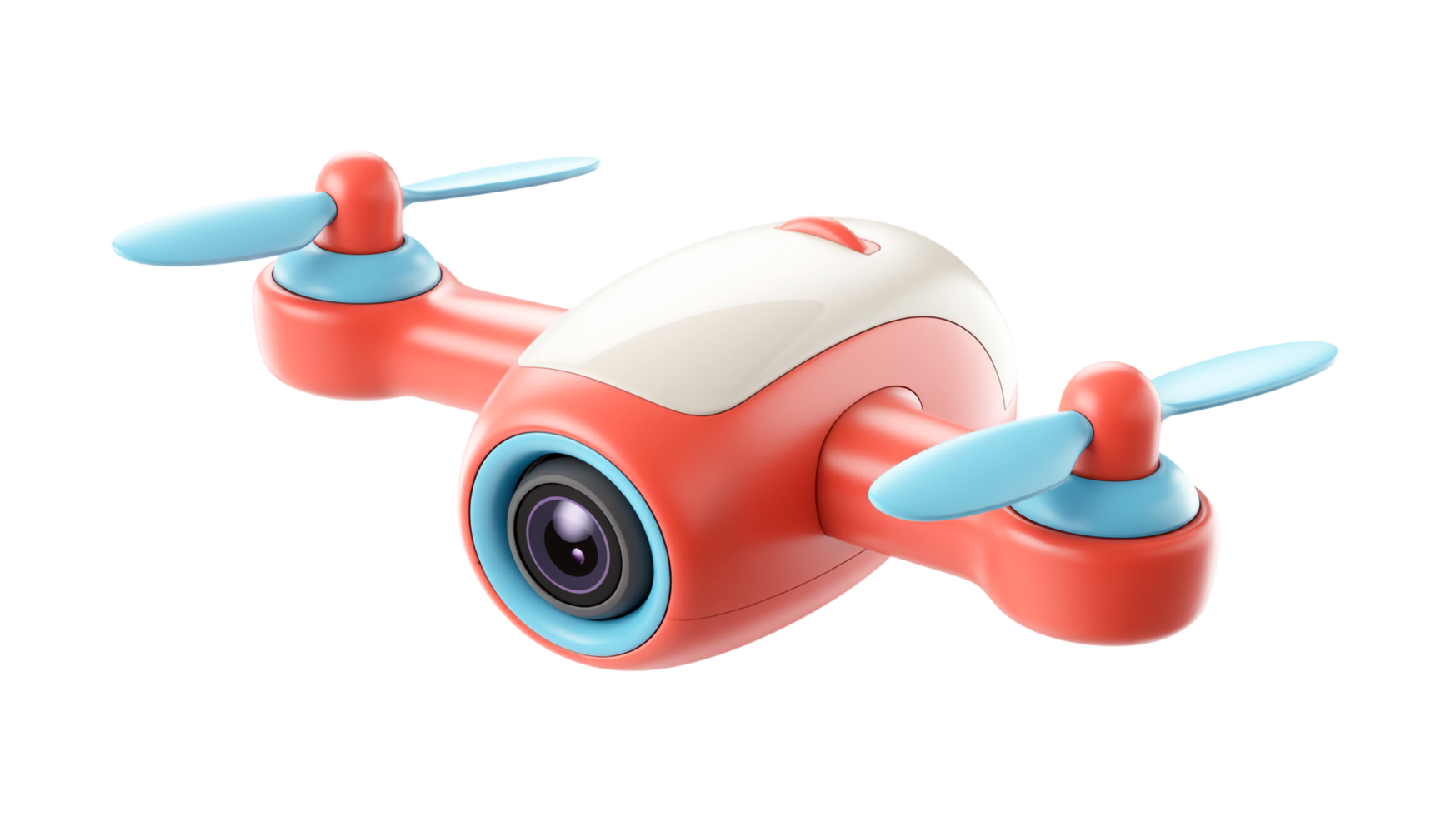 Stylish 3D Render of a Toy Drone with Camera and Light Blue Rotors on Transparent png